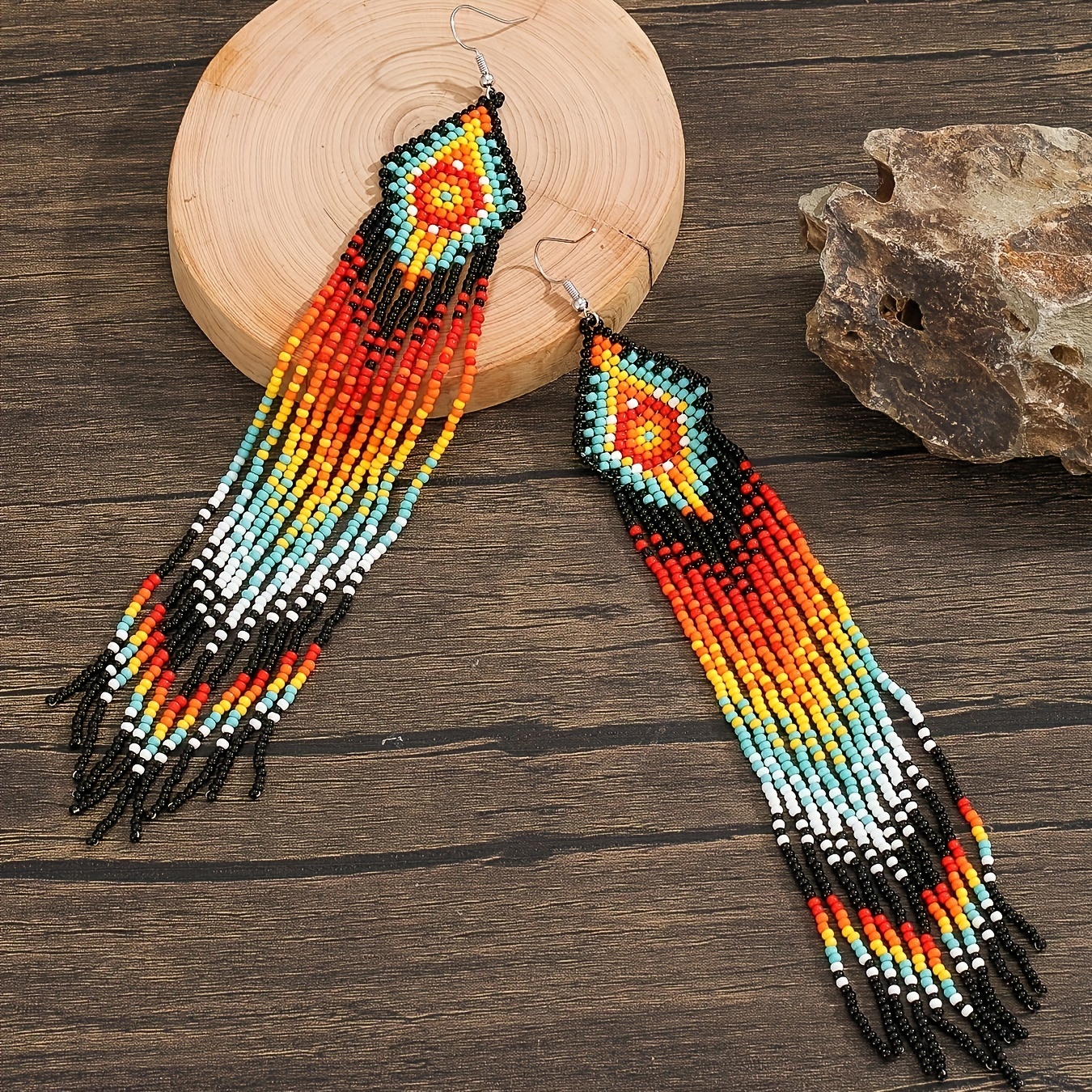 Boho Beaded Tassel Earrings Geometric Pattern Glass Material